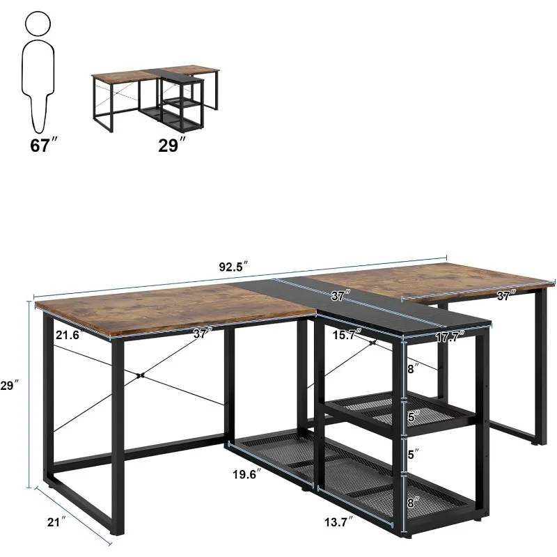 Two Person Desk with Storage Shelves, 92.5