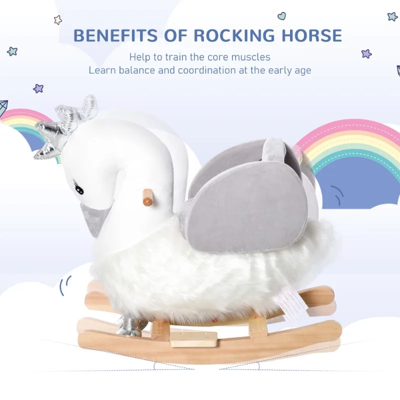 Rocking Horse, Kids Ride on Horse Swan Rocker with Sound, Plush Seat, Wooden Base, Safety Belt, for Toddlers 18-36 months, White
