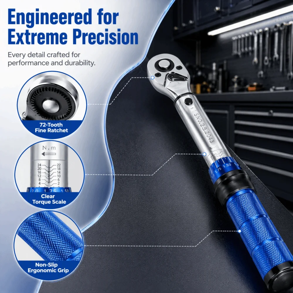Precise Calibration 1/4 Inch Click Torque Wrench Adjustable CrV Steel Torque Wrench Durable Ratchet Torque Tool