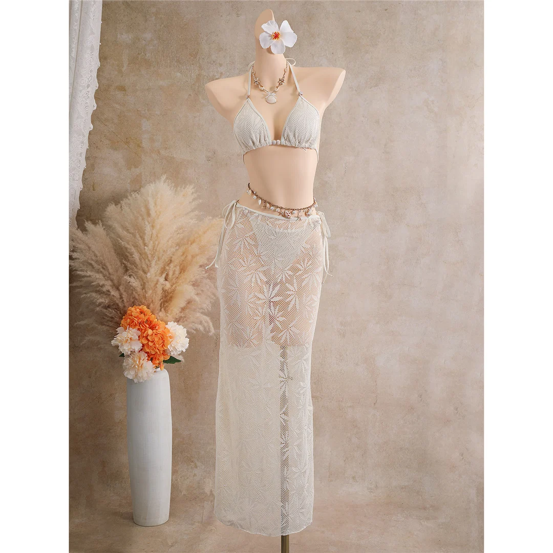 Mit Rockblättern bedruckter Neckholder-Bikini, Damen-Badeanzug, dreiteiliges Bikini-Set, Badebekleidung, Badeanzug, Schwimmbekleidung V8419 – Detail 4