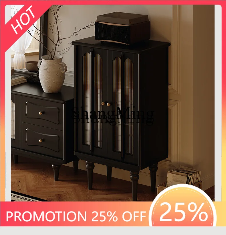 ZYY Premium Home Retro Glass Wine Cabinet Black Solid Wood against  Wall Home TV Side Display Locker