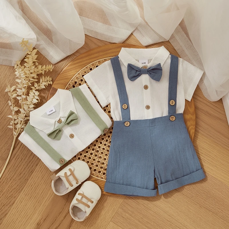 Fashion Summer Baby Boy Clothes Toddler Gentleman Outfits Short Sleeves Romper with Bow Tie Overalls Shorts Set for Formal Wear