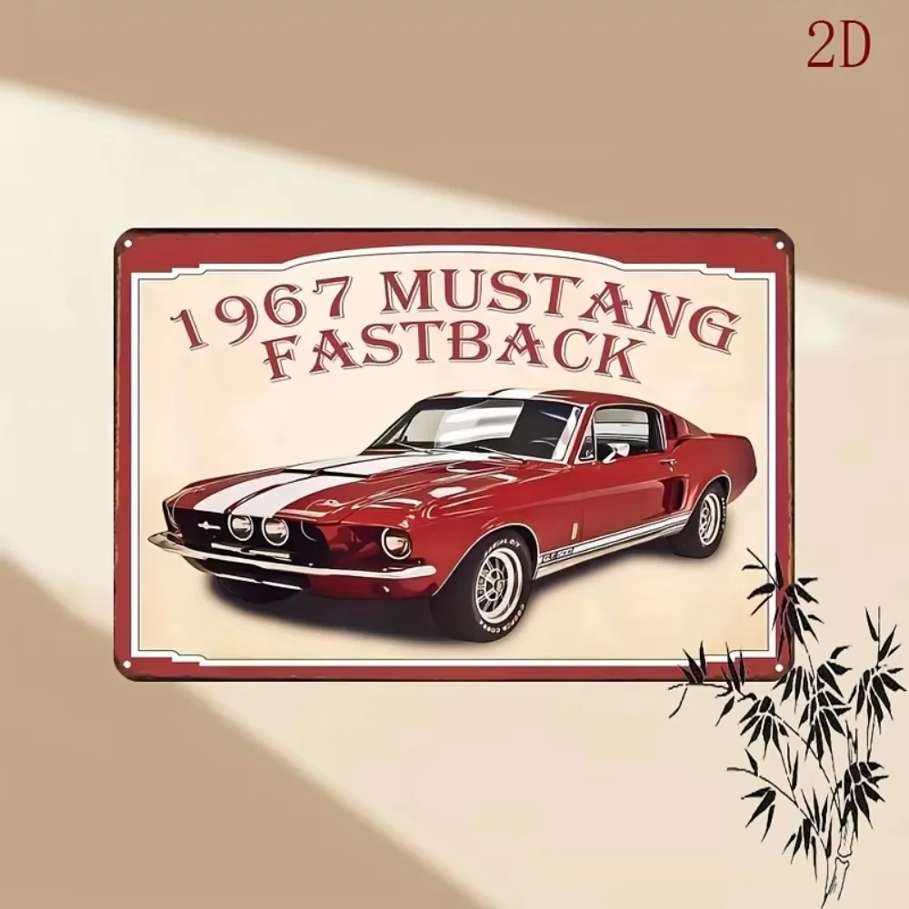 Retro Car Enthusiast Metal Wall Sign Mustangs at Gas Station, Red Muscle Car Tin Art with Pre-Drilled Holes for Man Cave Cafe