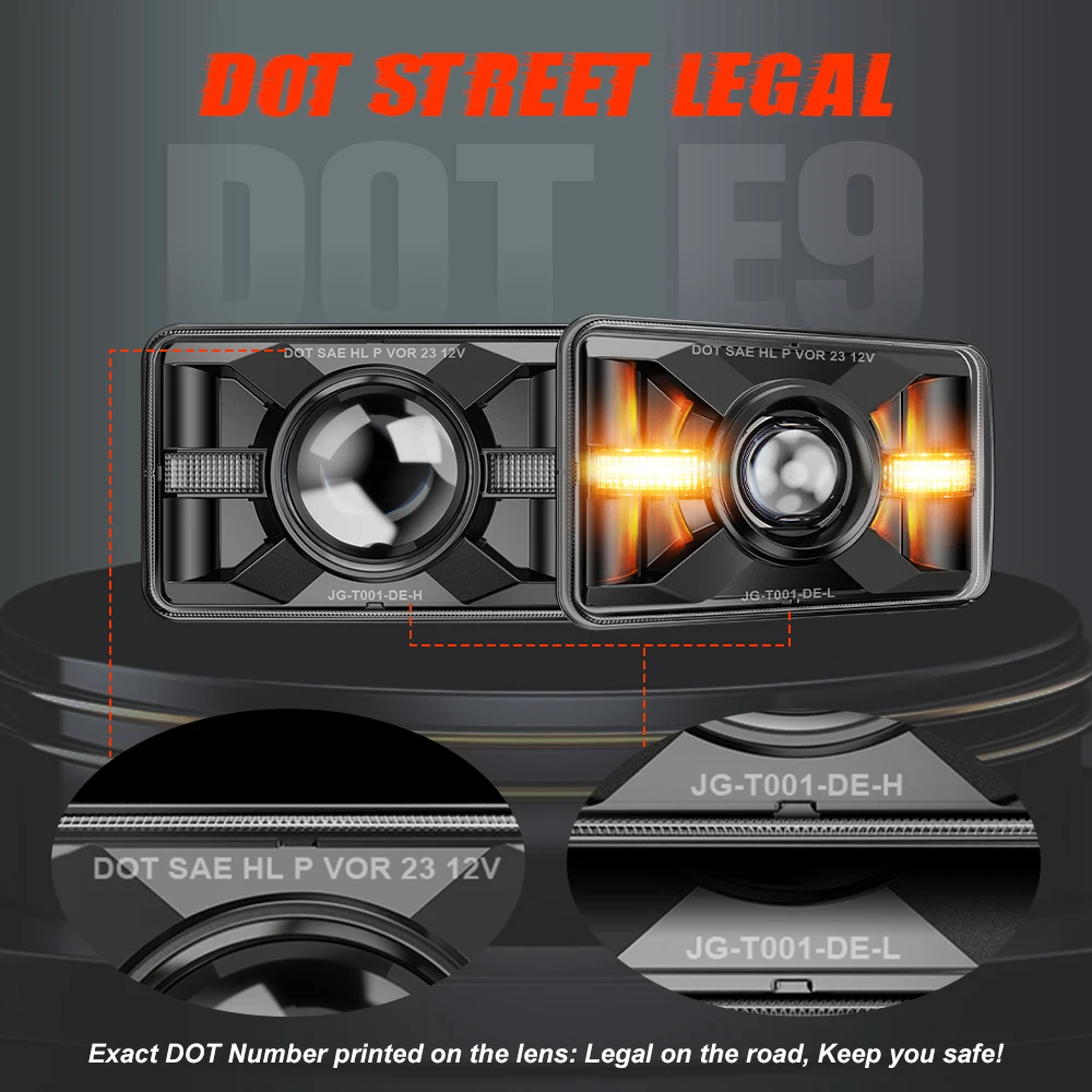 DOT 4x6 Square High Low Beam Rectangle LED Headlight Replaced  Driving Light off Road with Amber Turn Signal  for Car Pickup