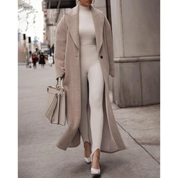 2024 Winter Women Nothched Collar Single Buttoned Fluffy Overcoat Femme Casual Long Coat Elegant Winter Jacket Fashion Outwear