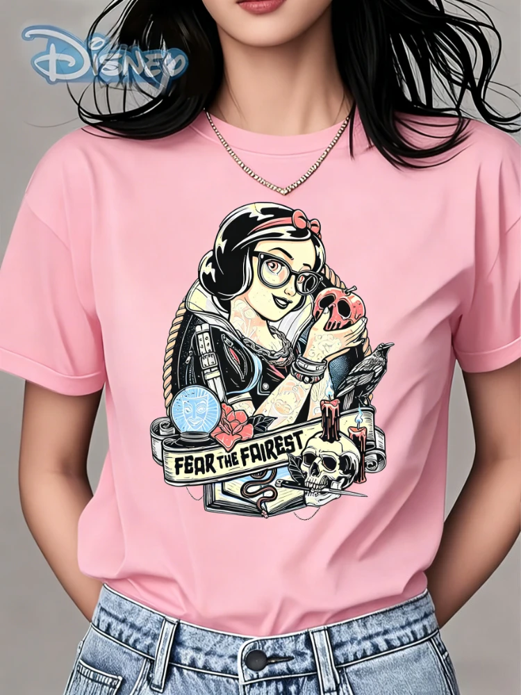 ديزني 2026 جديد ديزني ديابلو سنو وايت شخصية موضة طباعة المرأة تي شيرت سهل الموضة حجم كبير كم قصير