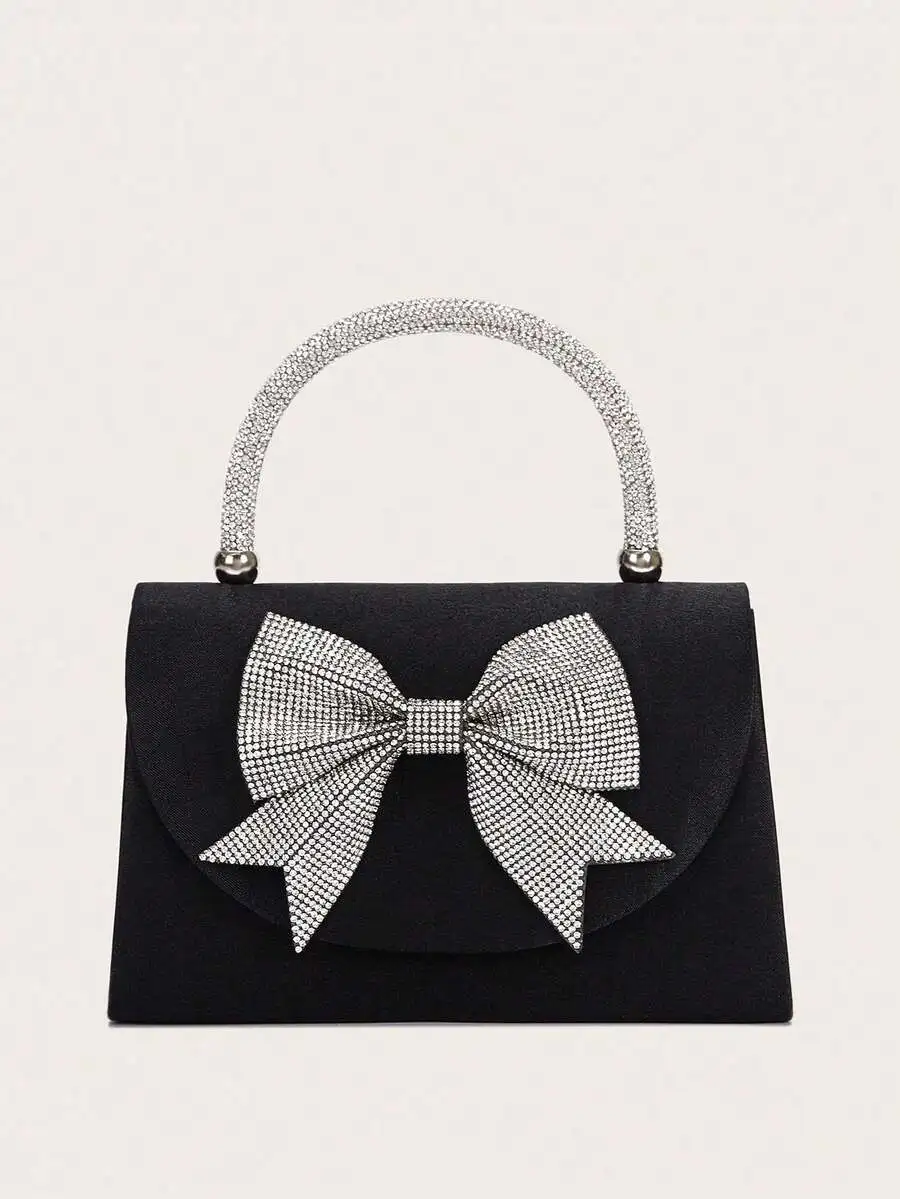

Black Rhinestone Bow Clutch Handbag With Crystal Handle For Evening Party Wedding