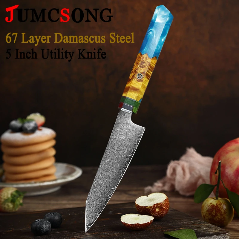JUMCSONG5 Zoll Allzweckmesser Damaststahl Obstmesser Blauer Harzgriff Schälmesser Multifunktionales Küchenmesser