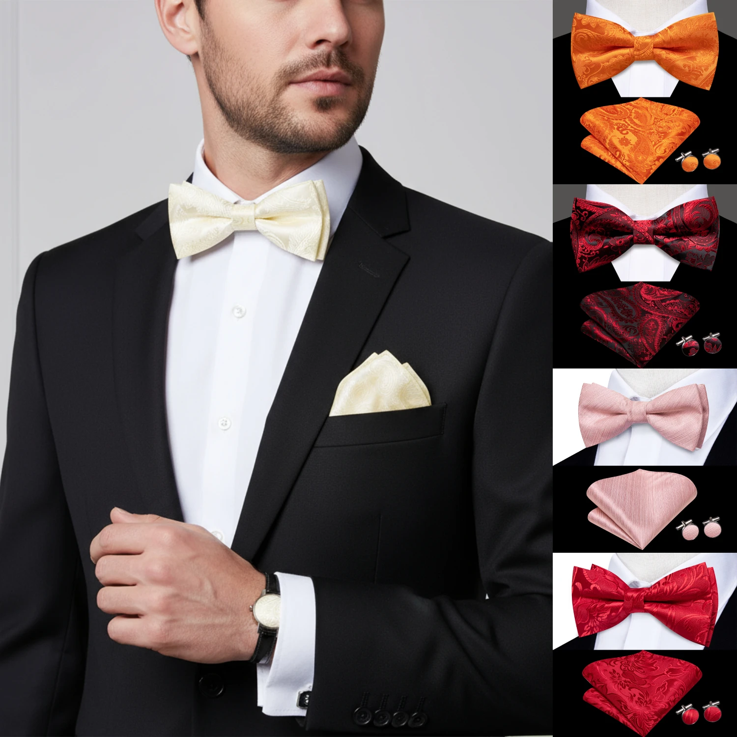 Mens Pre-tied Bowtie Red Yellow Pink White Floral Stripes Bow Tie Pocket Square Cufflinks Set Wedding Formal Casual silk Party