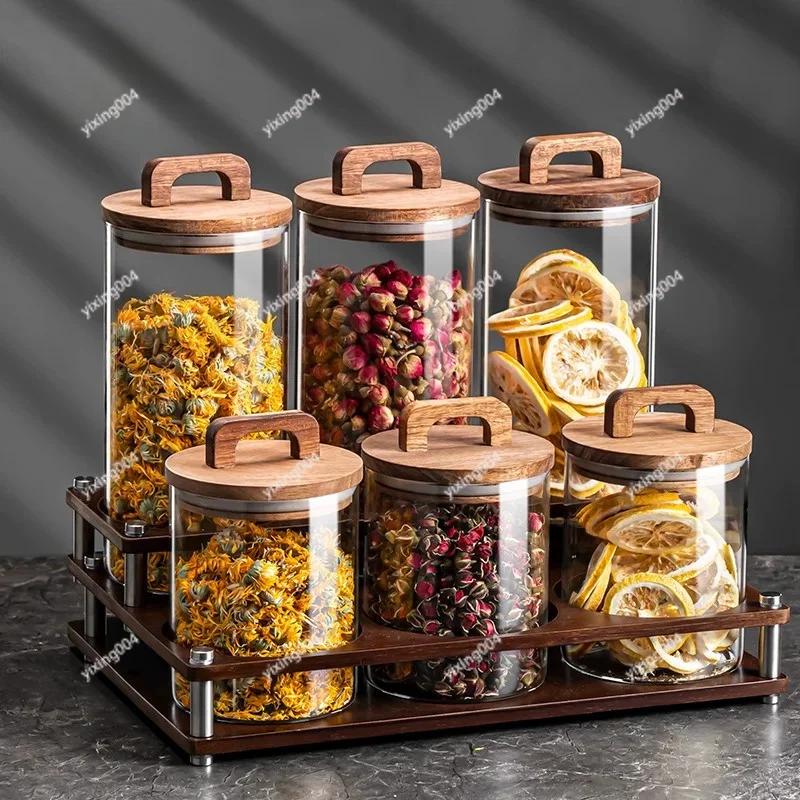 Glass Airtight Storage Jar With Acacia Wood Lid For Tea Flower Household Food Container