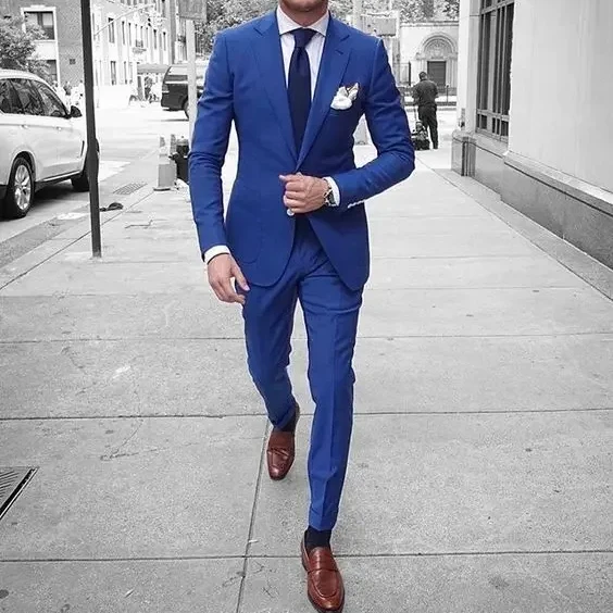 Gentle Blue Smart Business Men Suit Slim Fit Tuxedo 2 Piece High Street Blazer Sets Prom Fashion Groom Tailored Terno Masculino