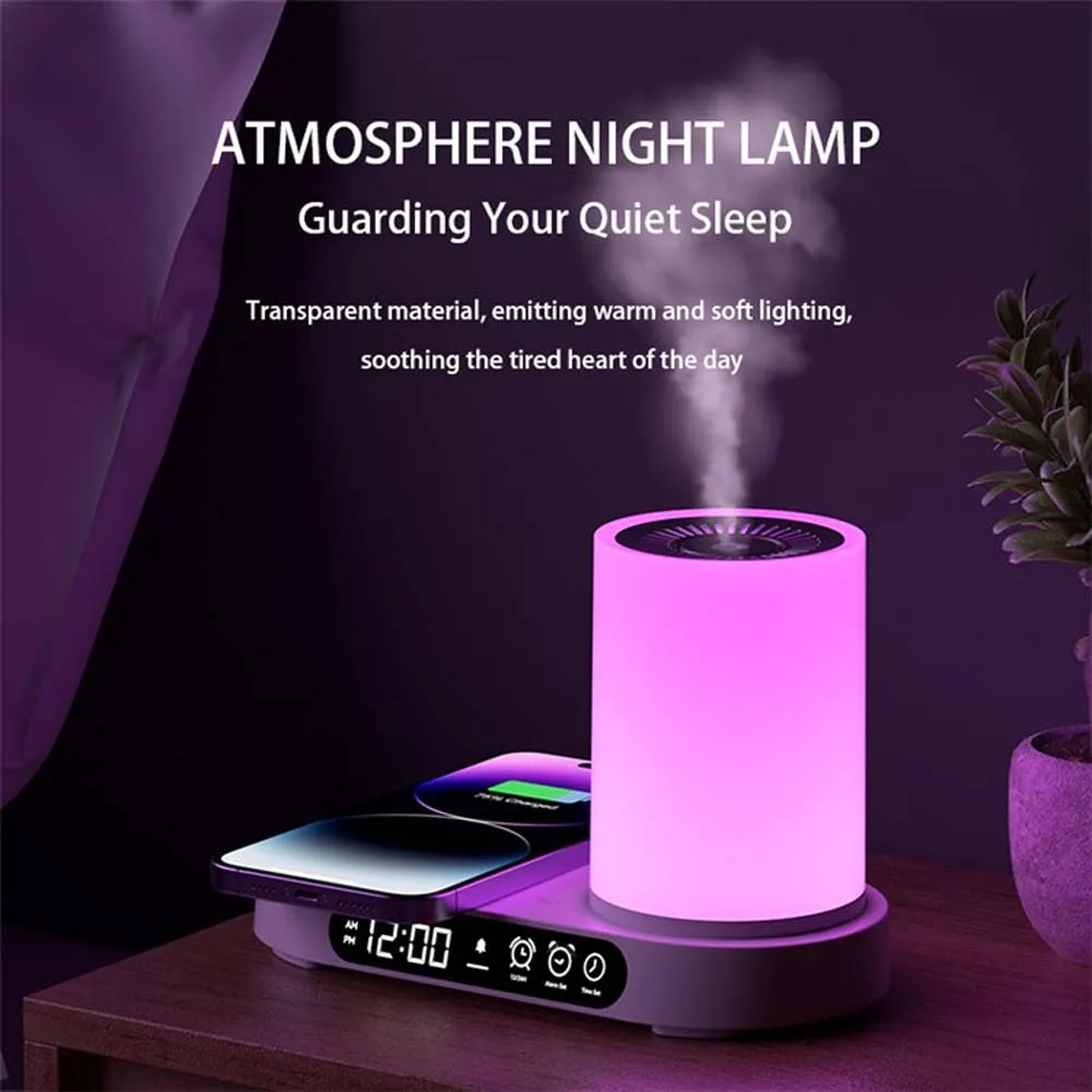 Bedside Lamp Magsafes Charging Station Multi-function Humidifier Color Led Night Lamp Bluetooth Speaker Clock Home