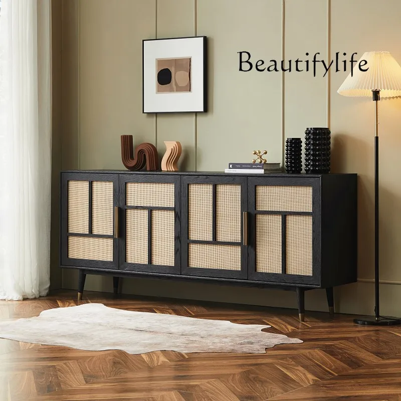 

Nordic Retro Distressed Solid Wood Sideboard Double Door Rattan Oak Modern Minimalist Storage Cabinet