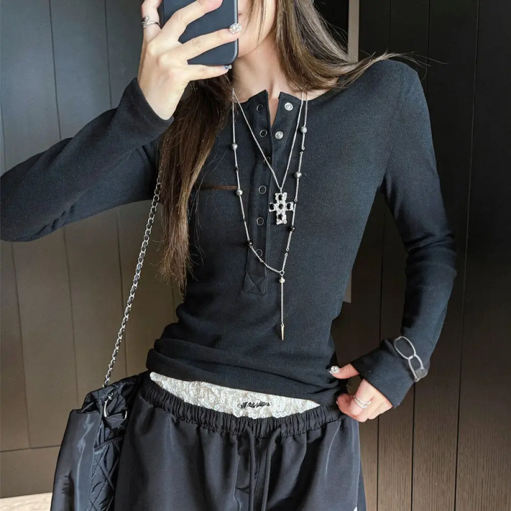Womens Slim Fit Long Sleeve Tee Round Neck Pullover Button Detail Soft Fabric Elegant Basic Casual Daily Office Blouse