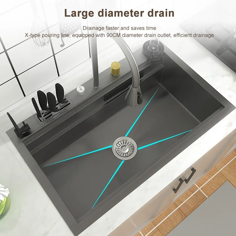 Stainless Steel Kitchen Sink Waterfall Sink Large Single Slot Multi-functional Wash Basin Can Be Installed Under The Counter