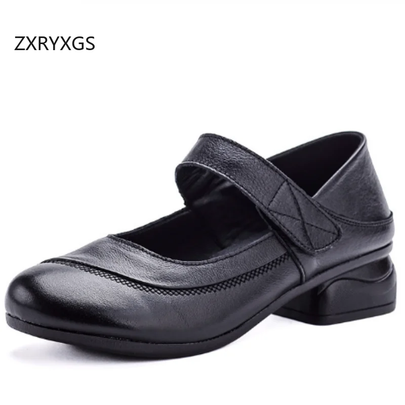 

ZXRYXGS элегантные модные туфли из натуральной кожи для мам, туфли на толстом среднем каблуке, новинка 2025, модные удобные нескользящие туфли для мам, черные