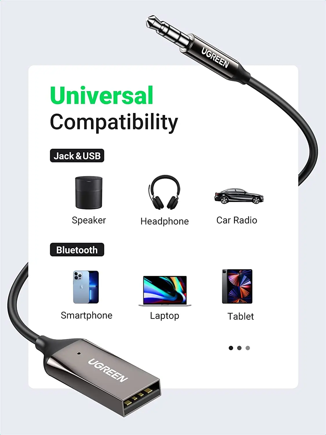 UGREEN Adaptador Aux a Bluetooth 5.0 Receptor Bluetooth de 3,5 mm para automóvil Kit de conector USB 2.0 a 3,5 mm