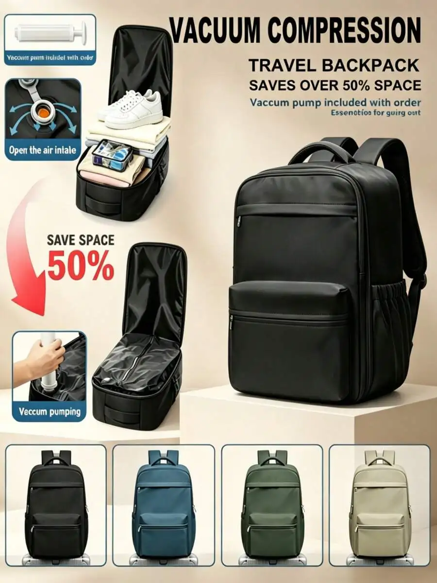 Vacuum compression travel backpack with air pump, the vacuum system can save over 50% of space. Suitable for 15.6inch laptops, ideal for business use