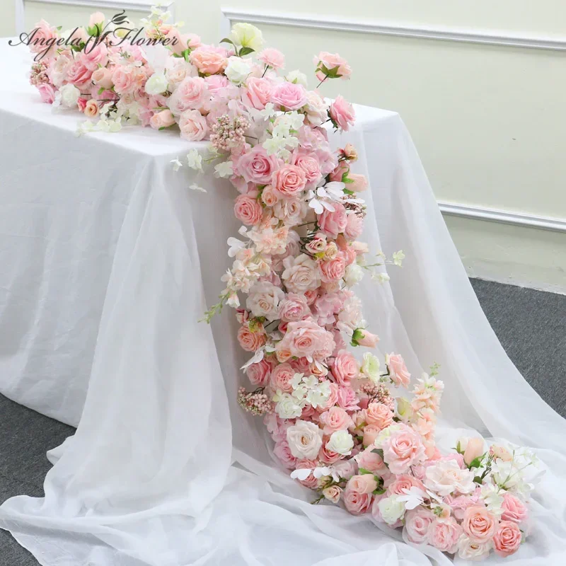 Weiße Hochzeit Hintergrund Dekor Rose Boden Blume Läufer Event Tisch dekoration Ball rosa Blumen streifen