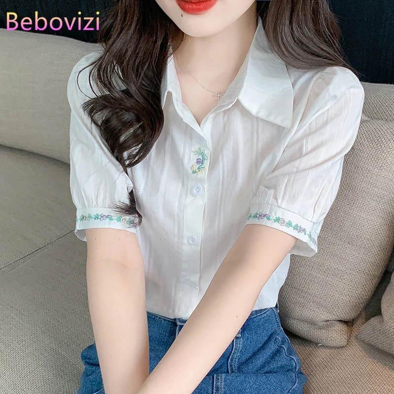 Summer New Fashion Short Sleeve Shirt Embroidered Blouse White Blue Tops