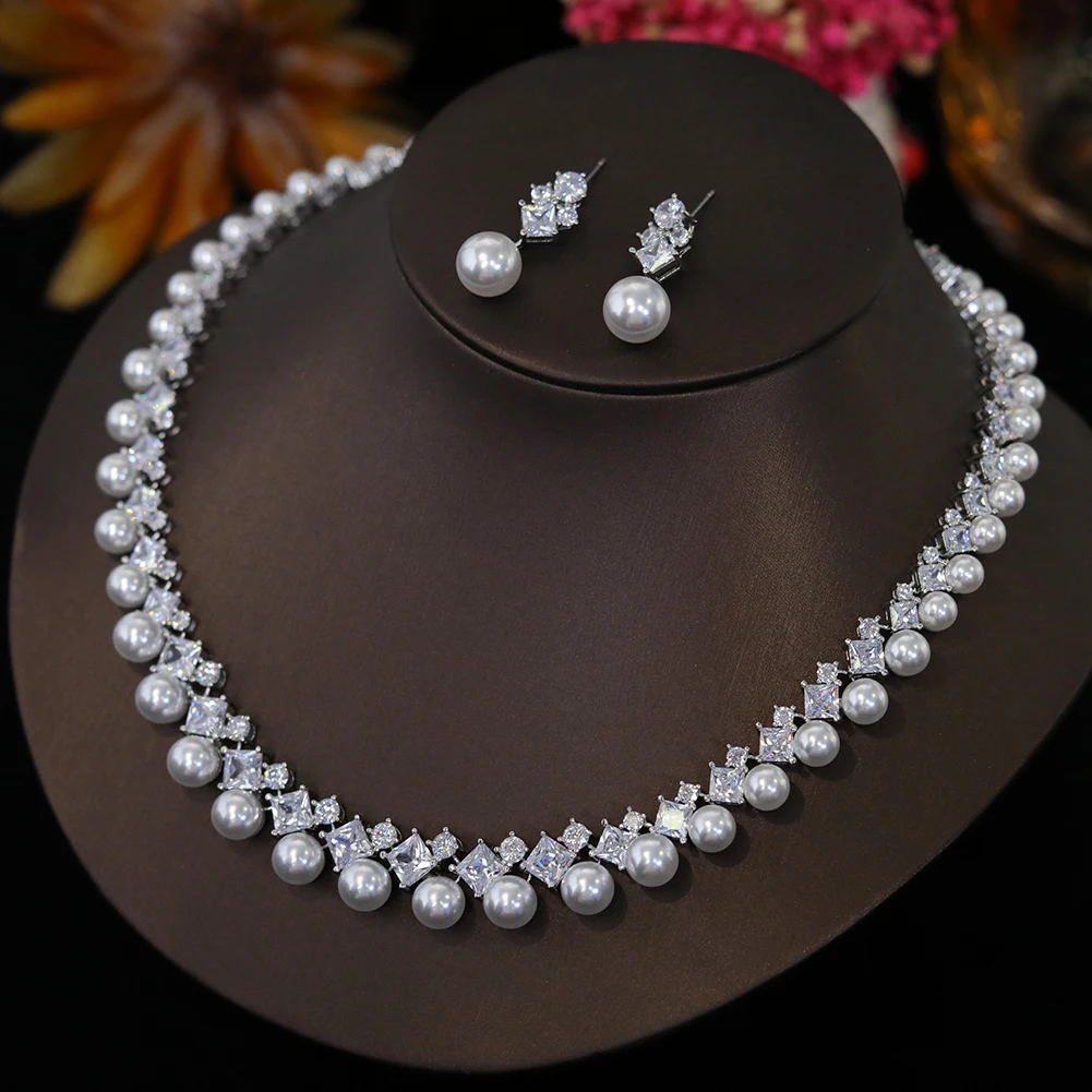 Elegant White CZ Wedding Accessories for Women Brides Classic Round Pearl Necklace and Earrings Costume Jewelry Sets X0482