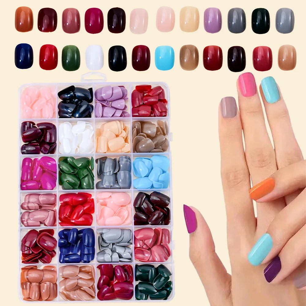 576pcs Short Round Square Fake Nails Glossy 24 Solid Colors Press on Nails Full Cover Artificial  Fingernail False Nail Tips #XS