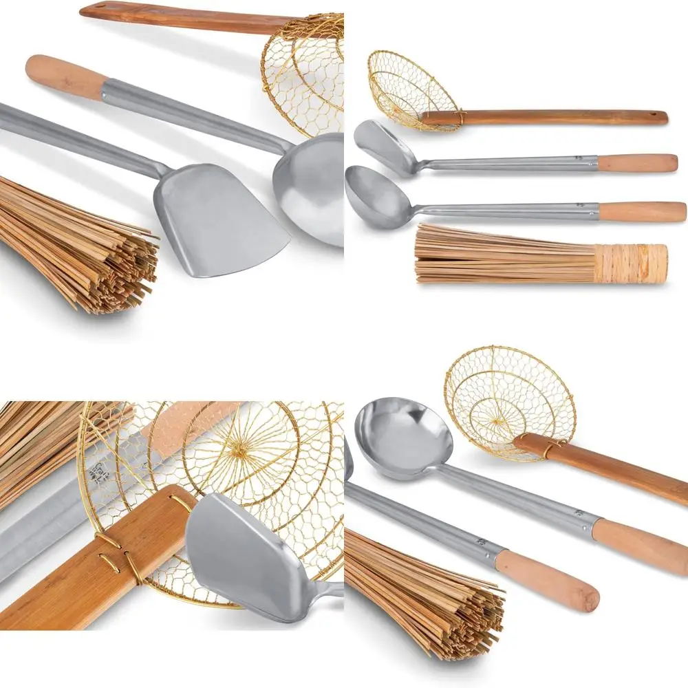 

Набор азиатских кухонных инструментов из 4 предметов: ковш, лопаточка, сито, бамбуковая щетка с деревянными ручками