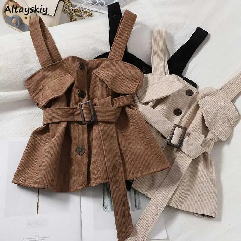 Corduroy Vests for Women Autumn Korean Fashion Clothing with Belt Retro Cute Female Classy Temperament Sleeveless Tops Princess