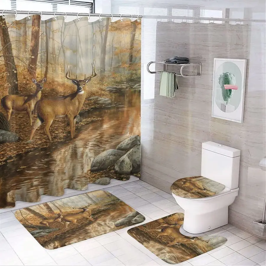

Rustic Cabin Wildlife Deer 4 Piece Shower Curtain Sets, NonSlip Rugs, Toilet Lid Cover and Bath Mat, Durable and Waterproof, for