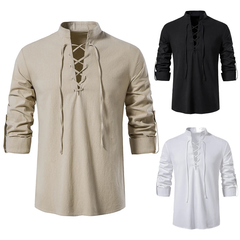 

Medieval Men's Cotton and Linen Henley Shirt Beach Stand-Up Collar Long Sleeve Shirt Cosplay Cosplay Stage Performance Clothing