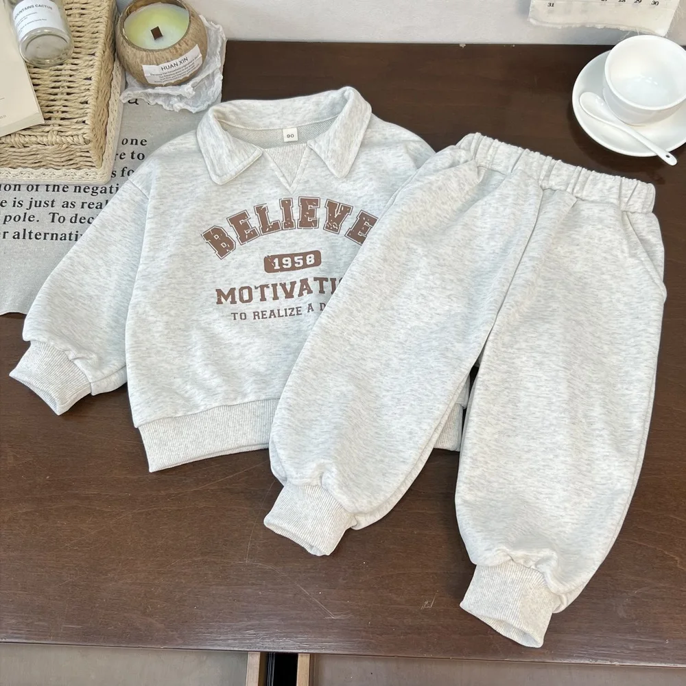 2026 Spring New Children Long Sleeve Clothes Set Boys Girls Letter Print Sweatshirt + Pants 2pcs Suit Cotton Kids Casual Outfits