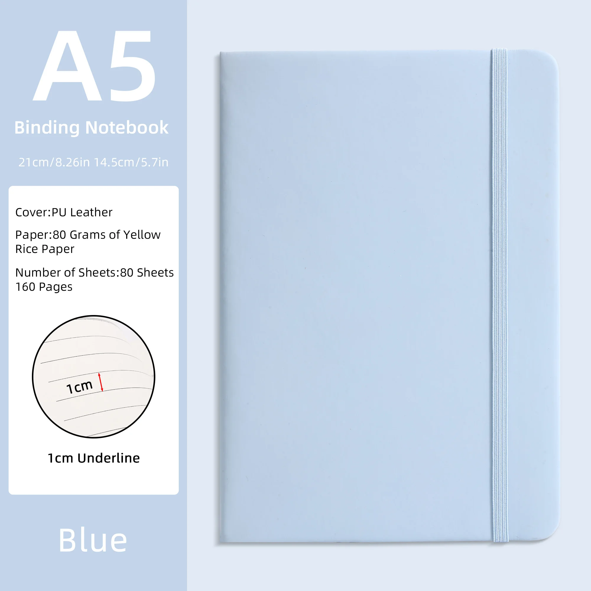 A5 PU-Leder Notizbuch - Lila, 80 Blatt (160 Seiten) 80g/m² Gelbes Reispapier, 1cm Unterstrichung, Hardcover-Journal mit Gummiband – Detail 8