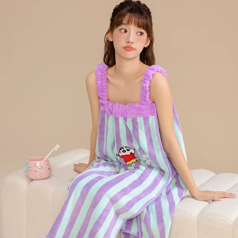 Kawaii Crayon Shin-Chan Anime Cartoon Coral Velvet Pajamas for Girls Home Absorbent Bath Skirt Give Gifts To Girlfriend