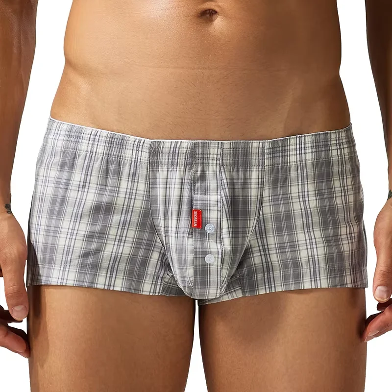 

Grid Print Bulge Boxer Briefs for Men Sexy Low-rise U Convex Pouch Boxy Underwear Cotton Leisure Home Comfort Daily Wear Trunks