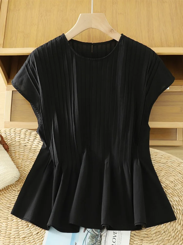 

Уникальный дизайн, хлопковая плиссированная блузка с коротким рукавом, женская летняя, омолаживающая, скрывающая живот, стройнящая, свободная, тонкая блузка-топ