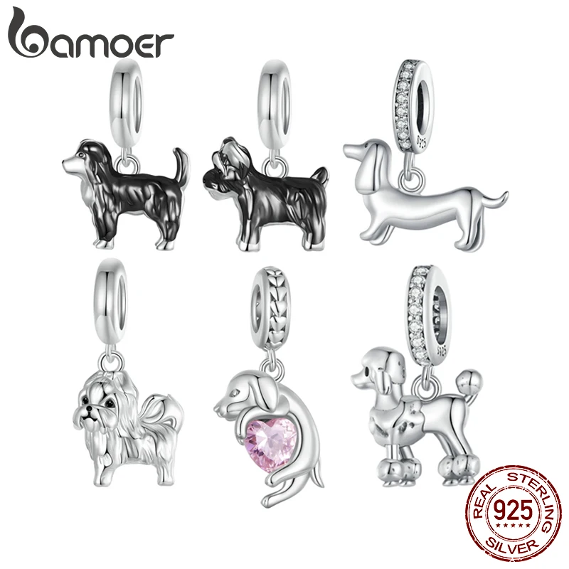 BAMOER Gold Plated Pet Dog Charm Beads for Charm Bracelet, Genuine 925 Sterling Silver Border Collie Dachshund Schnauzer Pendant