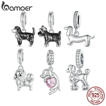 BAMOER Gold Plated Pet Dog Charm Beads for Charm Bracelet, Genuine 925 Sterling Silver Border Collie Dachshund Schnauzer Pendant