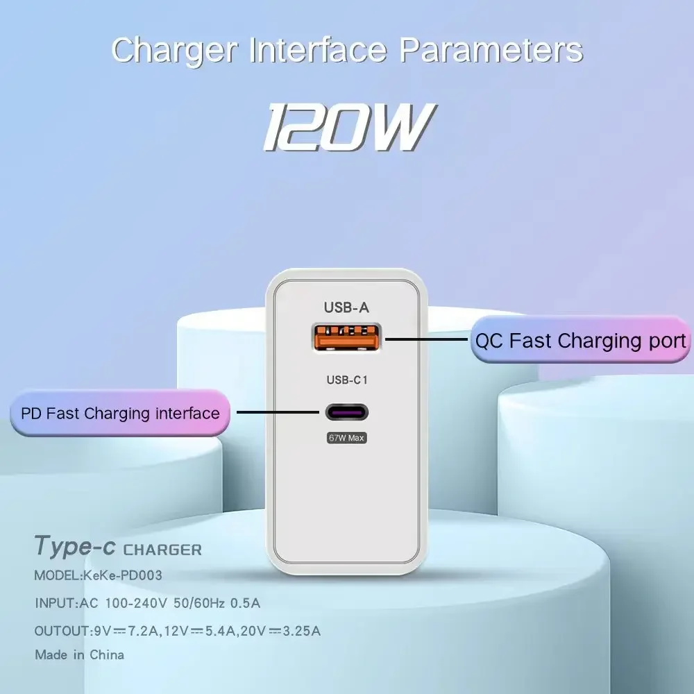 Xiaomi 120W Fast Charger USB Type C PD 6A Cable Fast Charging Quick Charge 3.0 Adapter For iPhone Xiaomi Samsung Cellphones