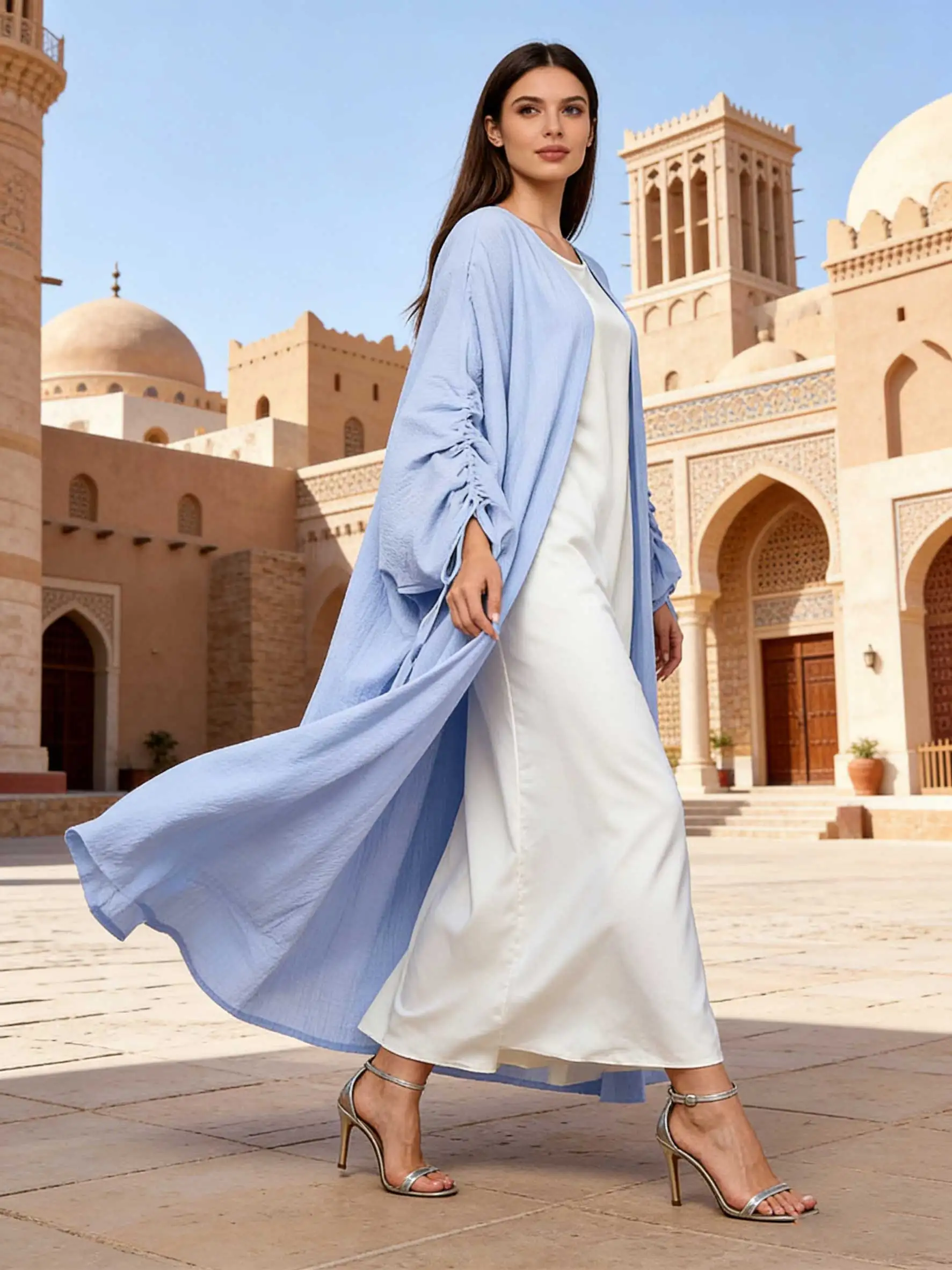 Stylish Light Blue Open-Front Abaya Ruched Drawstring Sleeves Women Muslim Moroccan Kaftan Ramadan Jalabiya Islam Dubai Arabic