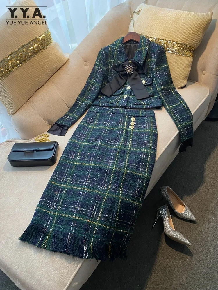 Elegante donna Vintage Plaid Tweed Set diamanti giacca Bowknot metà polpaccio gonna lunga nappe due pezzi Set abiti da festa Slim Fit