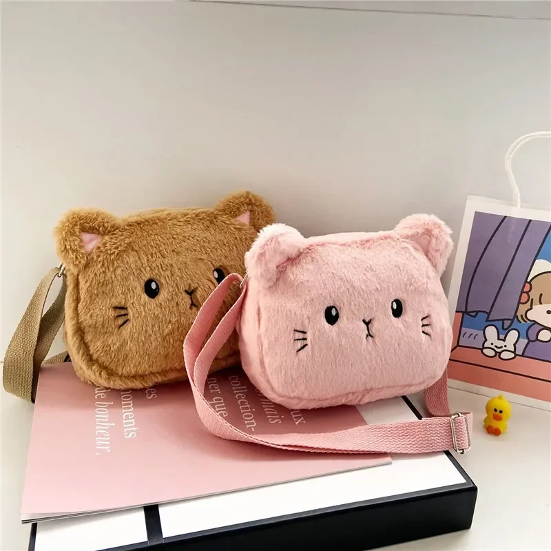 Cartoon Cat Baby Girls Crossbody Bags Cute Soft Plush Children\'s Shoulder Bag Winter Fashion Boys Kids Furry Handbags Coin Purse