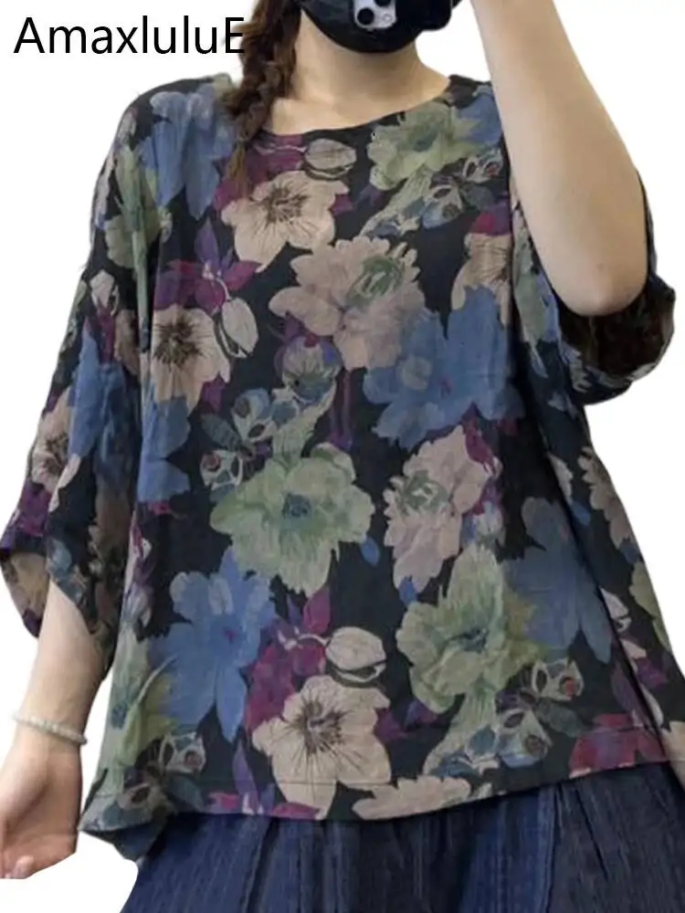 Amax LuluE 2025 Summer Females Classic Printed Oversized Shirts Classic Vintage Casual Tops Ladies Fashion Floral Cotton Clothes
