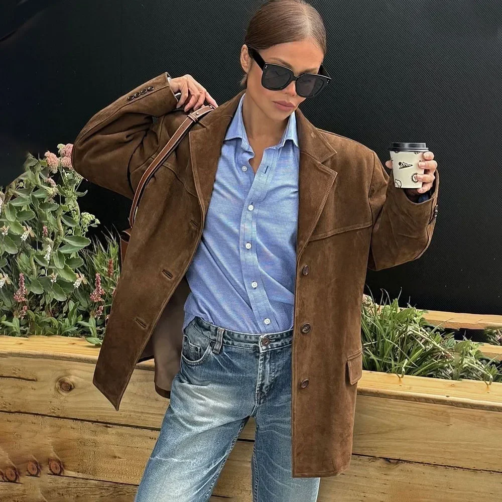 

Women's Retro Blazer Autumn Brown Long Sleeve Button Jacket Fashion Loose Lapel Pocket Short Jacket High Street Blazer