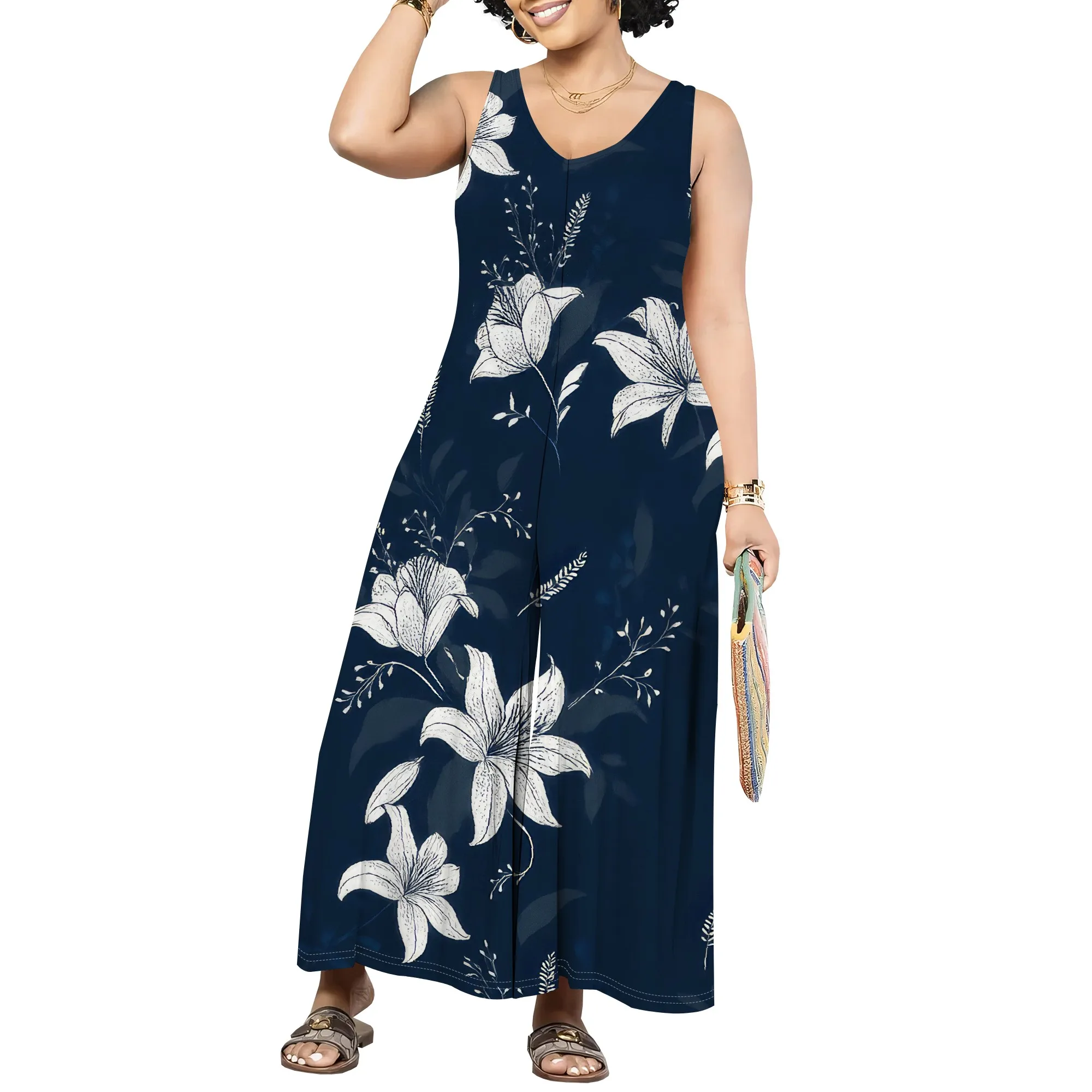 

Women's Summer Cotton Linen Long Dress Sleeveless Elegant Flowy Dresses Plus Size Loose Comfy Dress with Pockets