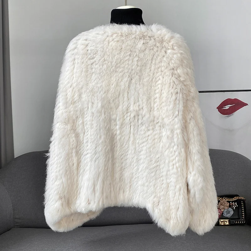 2023 Women Winter Warm Real Rabbit Fur Coat Long Sleeve Loose Female Genuine Fur Jacket With Button Casual Warm Outwear V-neck