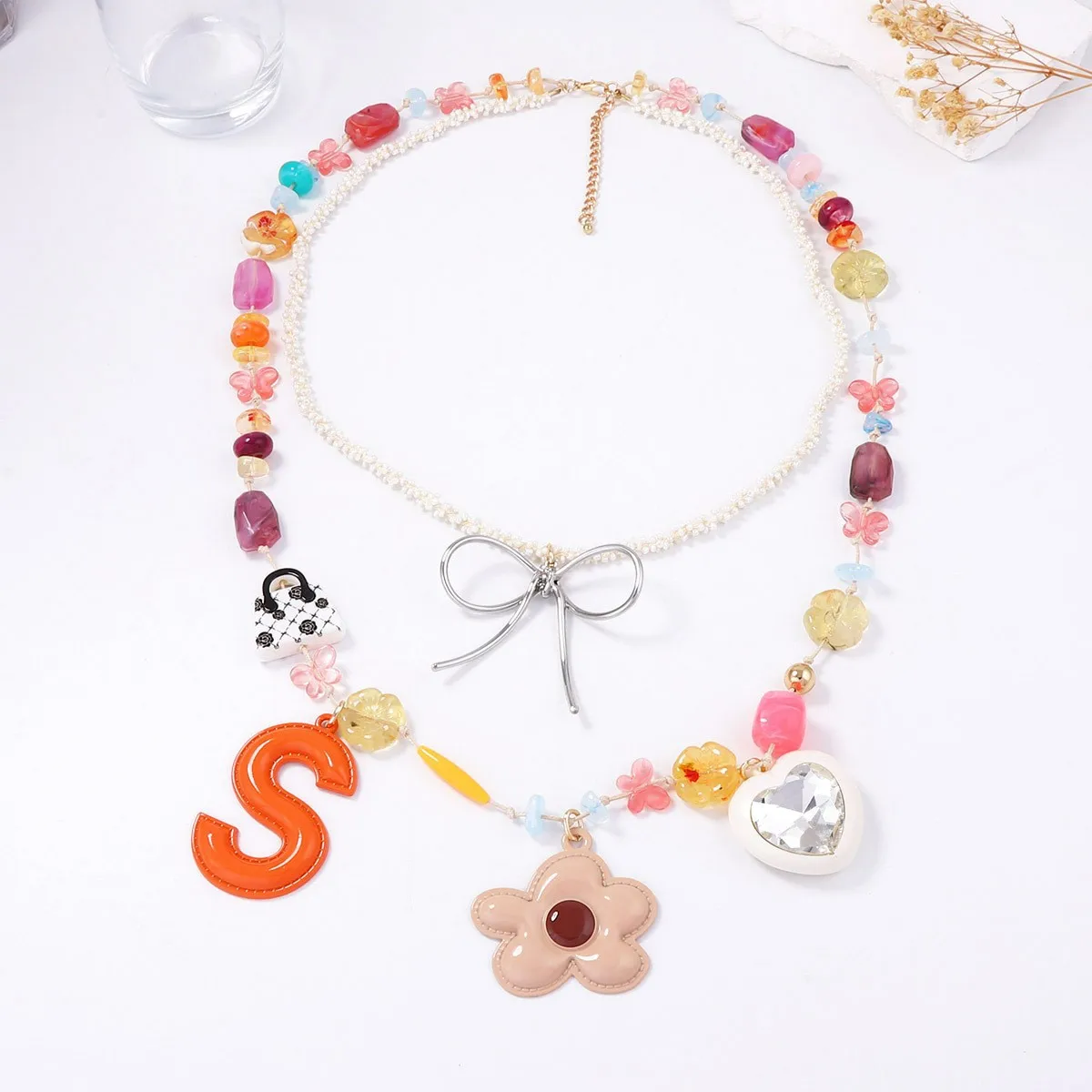 Simple niche design ins style double-layer stacked wind women's colored flower beaded necklace