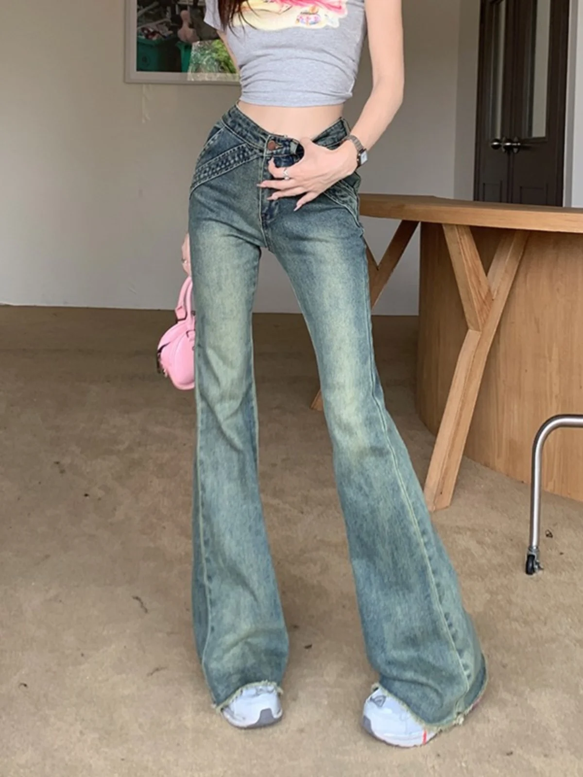 

Retro Blue Bell Bottom Jeans Women plus Size Slimming High Waist Design Autumn Winter Long Pants Low Waist Wide Leg Jeans