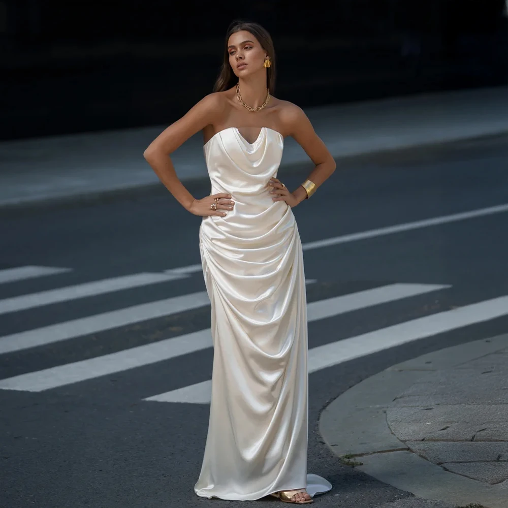 

Customized Satin Wedding Dress Draped Bridal Dress With Ruched Sheath Silhouette Sweep Train Bridal Gown For City Wedding