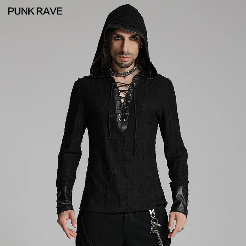 PUNK RAVE Men's Dark Punk Handsome Hooded Style T-shirt V-shaped Collar Drawstring Design Black Tees Tops Men Clothing