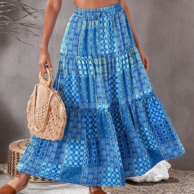 Sommer Frauen Lose Böhmischen Rock Neue Mode Elegante A-line Schaukel Strand Röcke Damen Casual Elastische Hohe Taille Gedruckt Rock